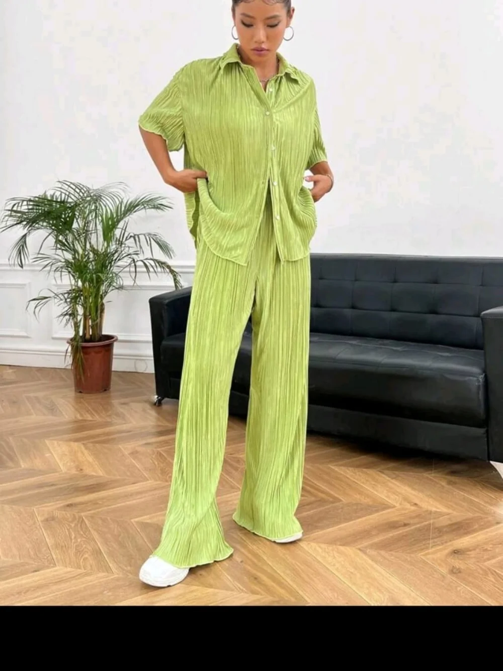 Texture Wide Leg Pants Set in Lime Green
